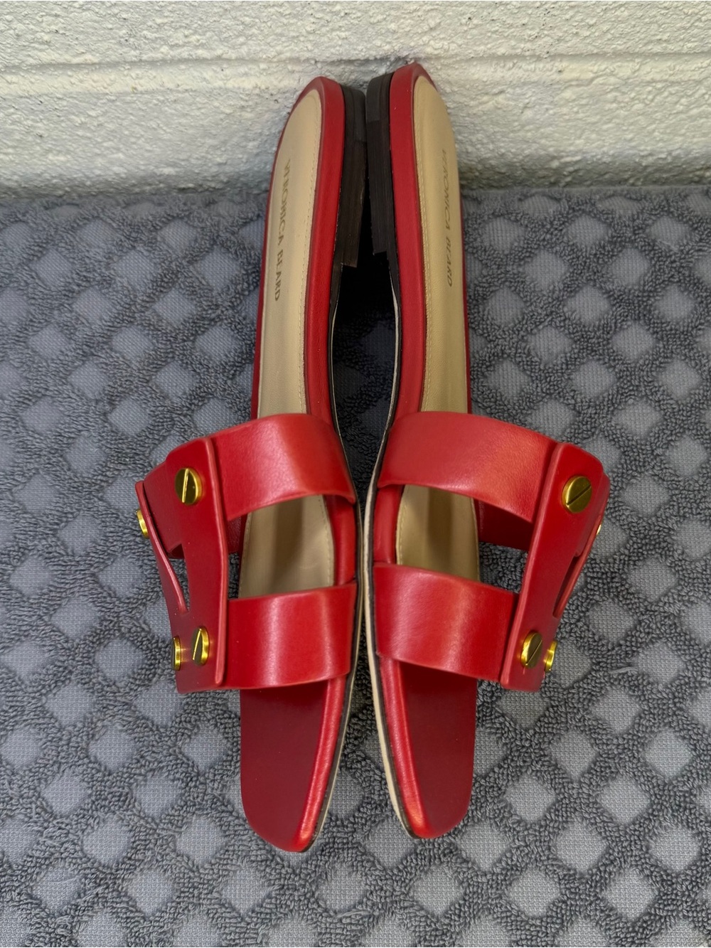 Veronica Beard Via Red Leather Slide Sandals Gold Studs 7 M - Picture 4 of 7